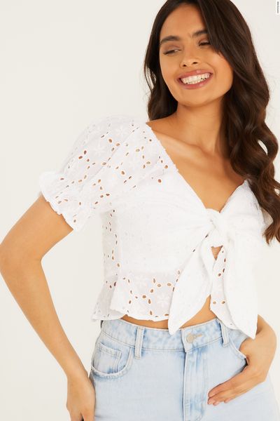 White Broderie Frill Crop Top